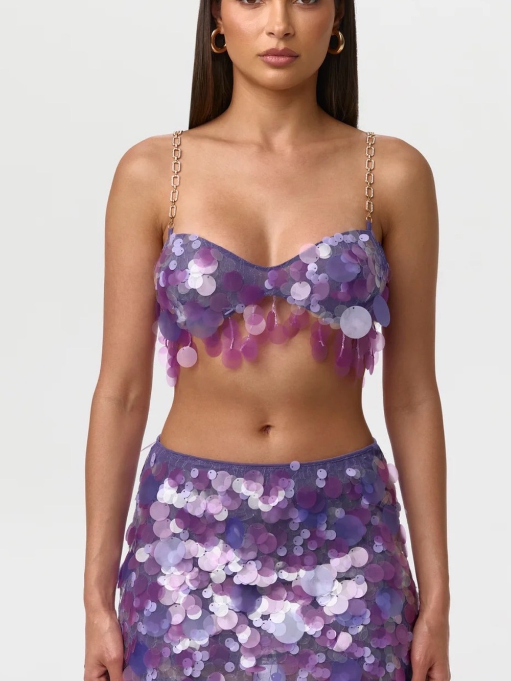 naked wardrobe Purple Sequin Crop Top with Gold Chain Straps
